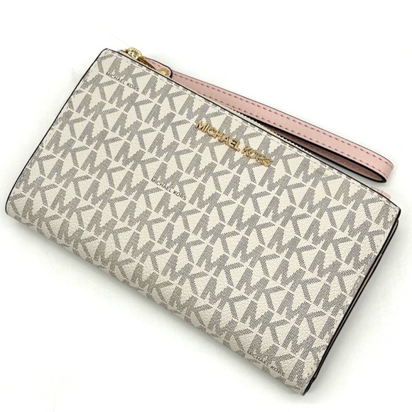 Michael Kors Double Zip Wallet Wristlet Leather Vanilla/ Light Pink - Picture 1 of 9